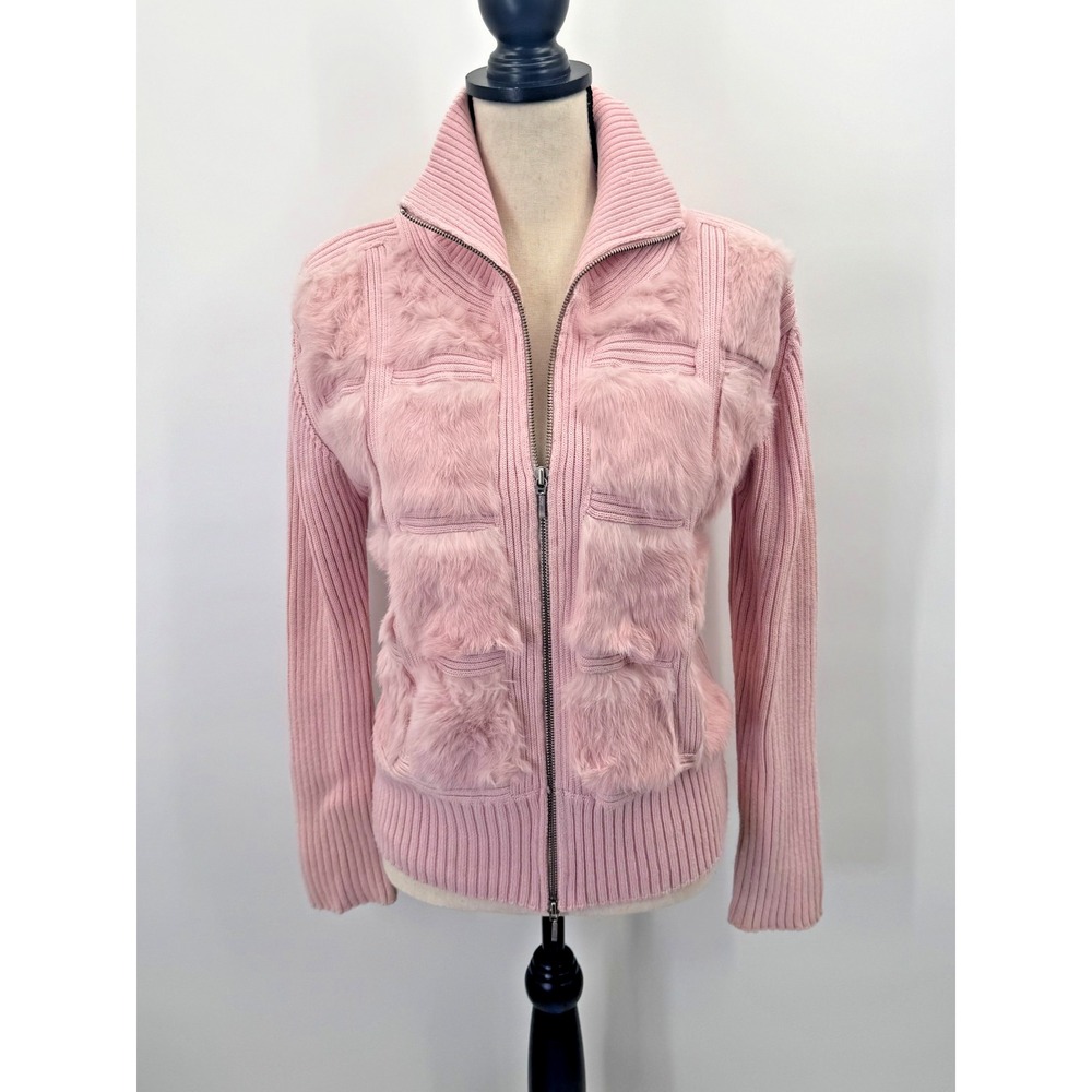 VTG Y2K Angel Faux Pink Fur Full Zip Cardigan Ribbed Jacket Coat Large Coquette